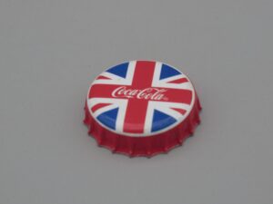 Broche capsule Cocal-Cola avec drapeau britannique Union Jack